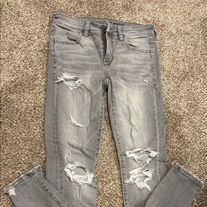 American Eagle Outfitters Gray Skinny Jeans with Distressed Details